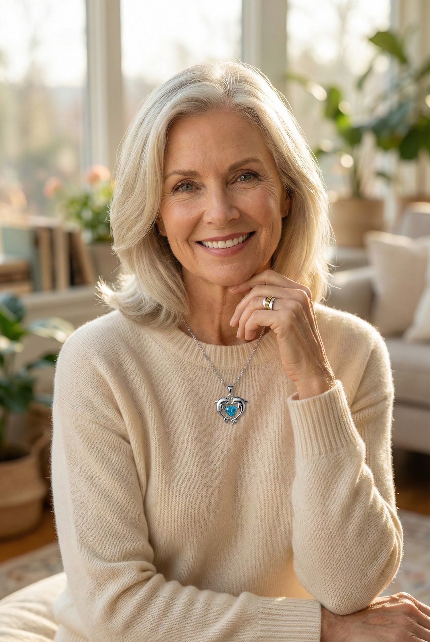 Classic Silver Double Dolphin Opal Pendant Necklace