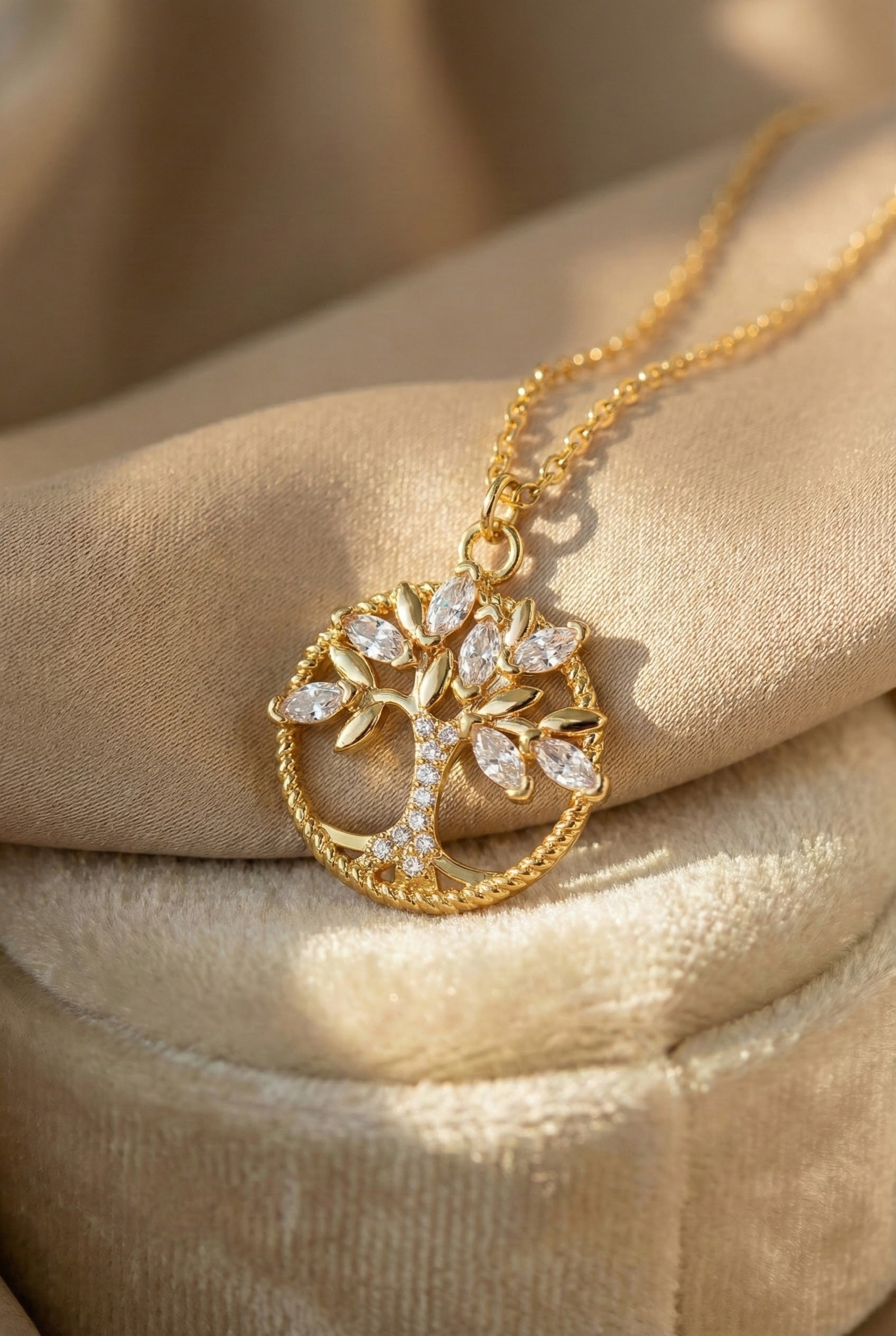 Gold Tree of Life Necklace Adorned with Zirconia