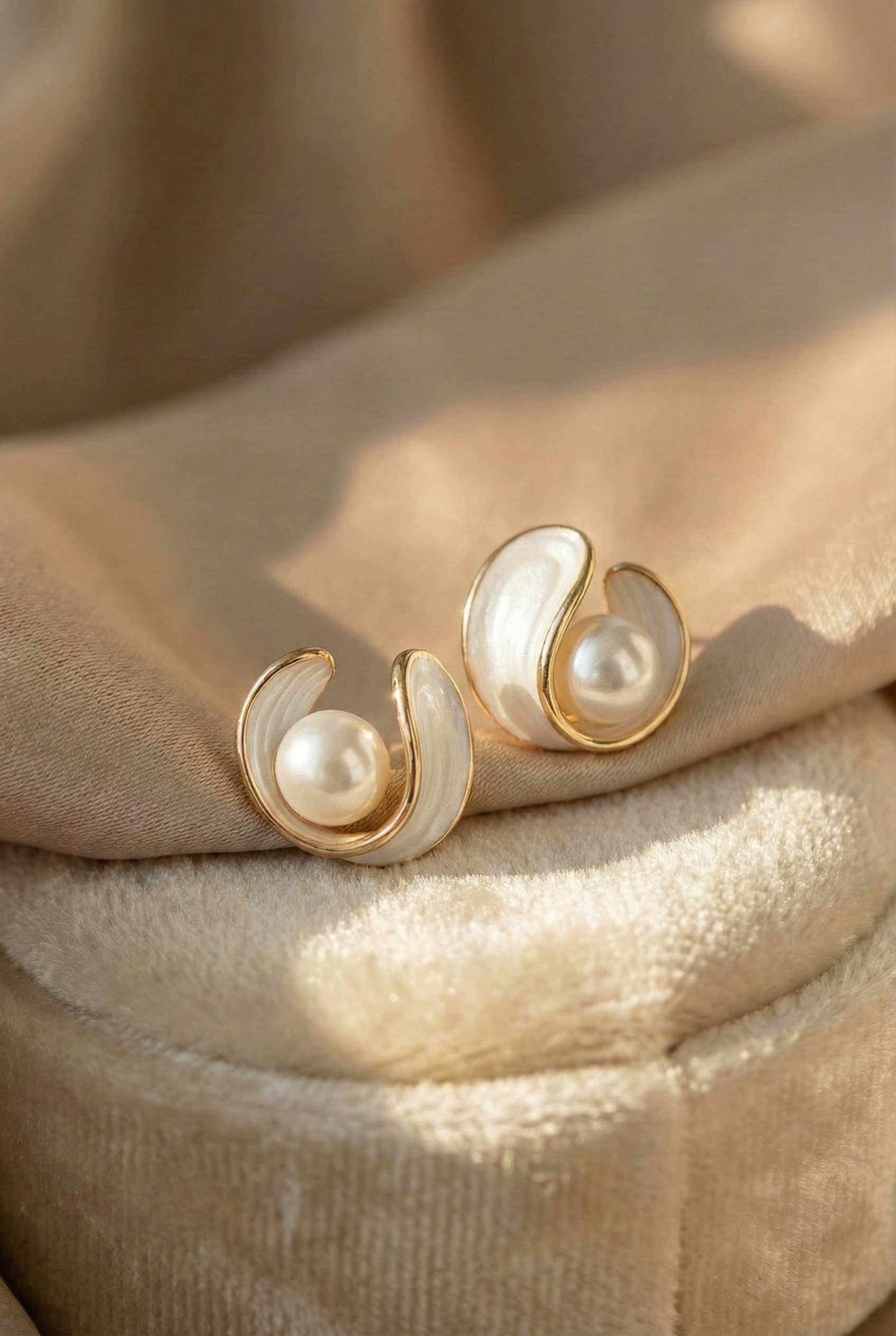 White Enamel Stud Earrings with Gold Pearl Accents