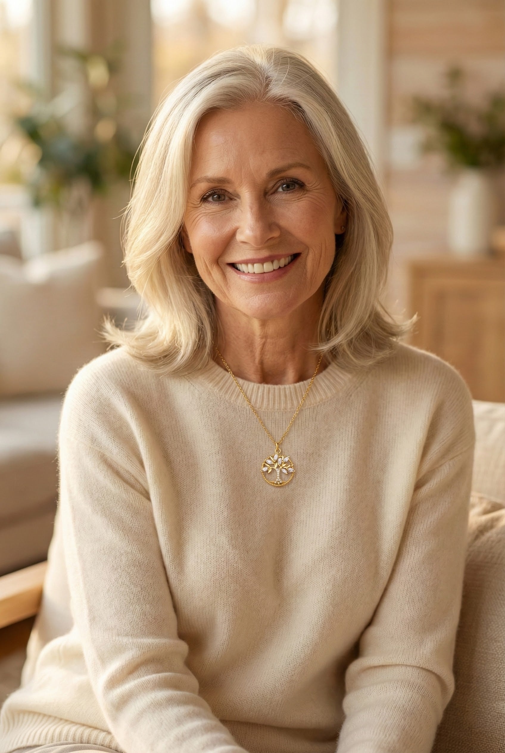 Crystal Pendant Necklace with Gold Tree of Life Design