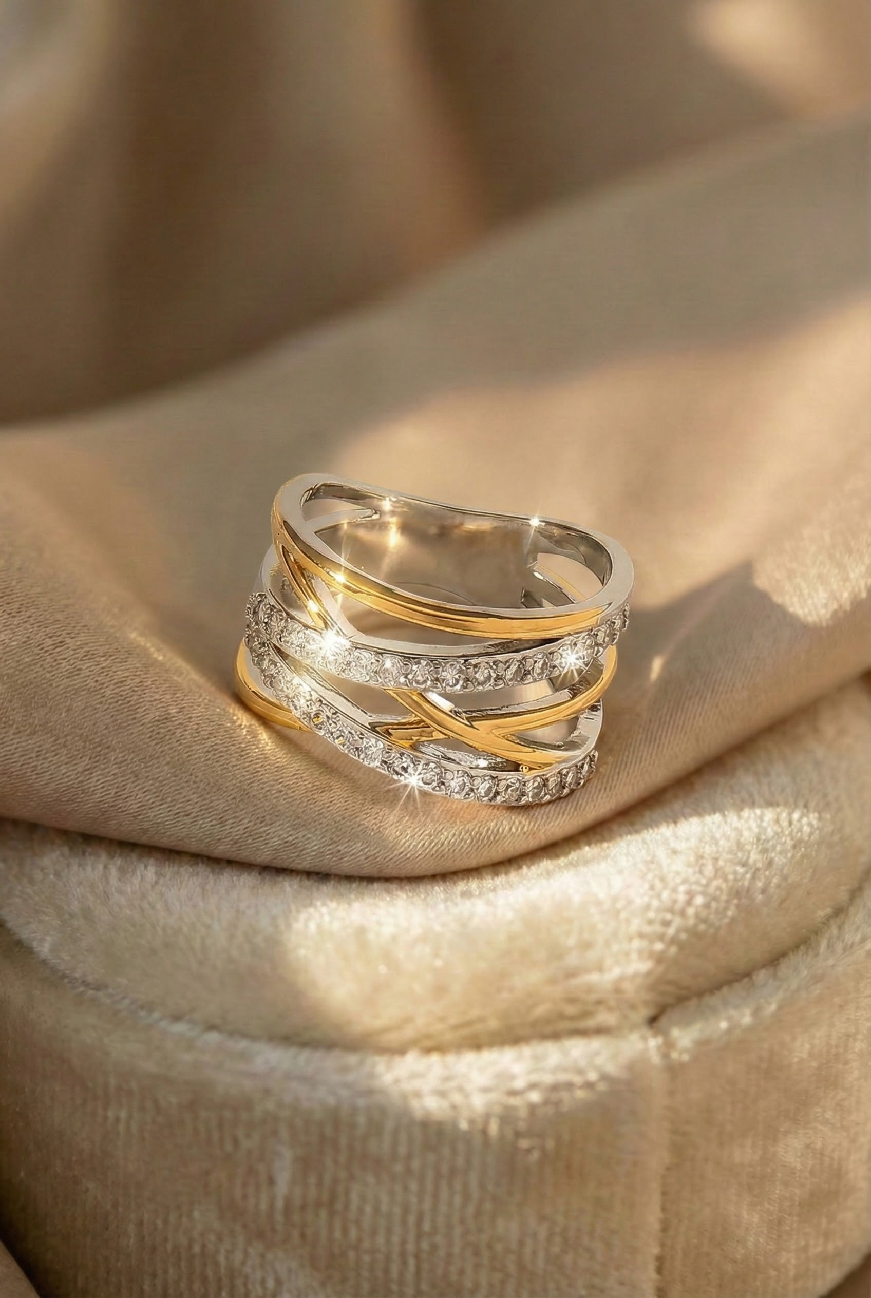 Two Tone Crossover Zirconia Band Ring