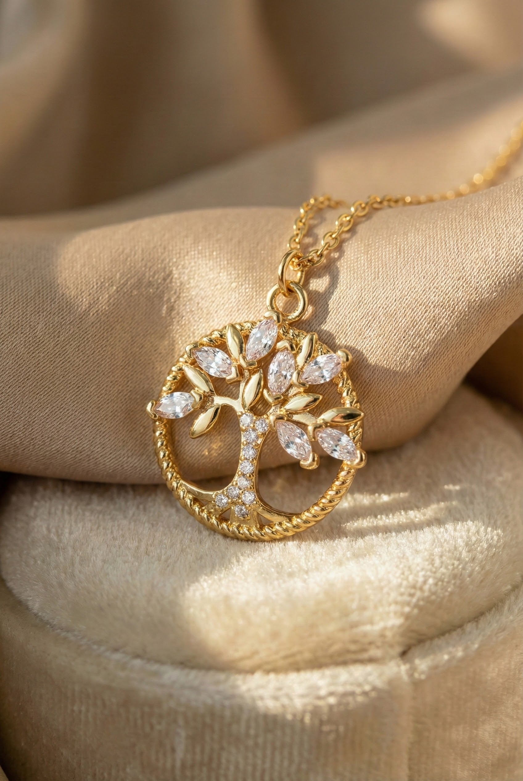 Crystal Pendant Necklace with Gold Tree of Life Design